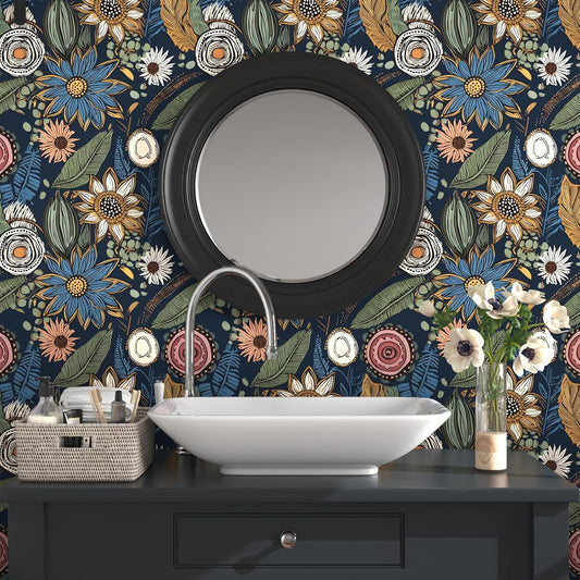 Laatse Boho Wallpaper Peel and Stick 17.5"x118", Navy Blue Contact Paper