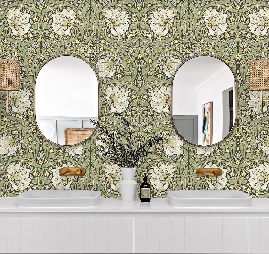 HAOKHOME William Morris Wallpaper Vintage Wall Paper Sage Green Removable