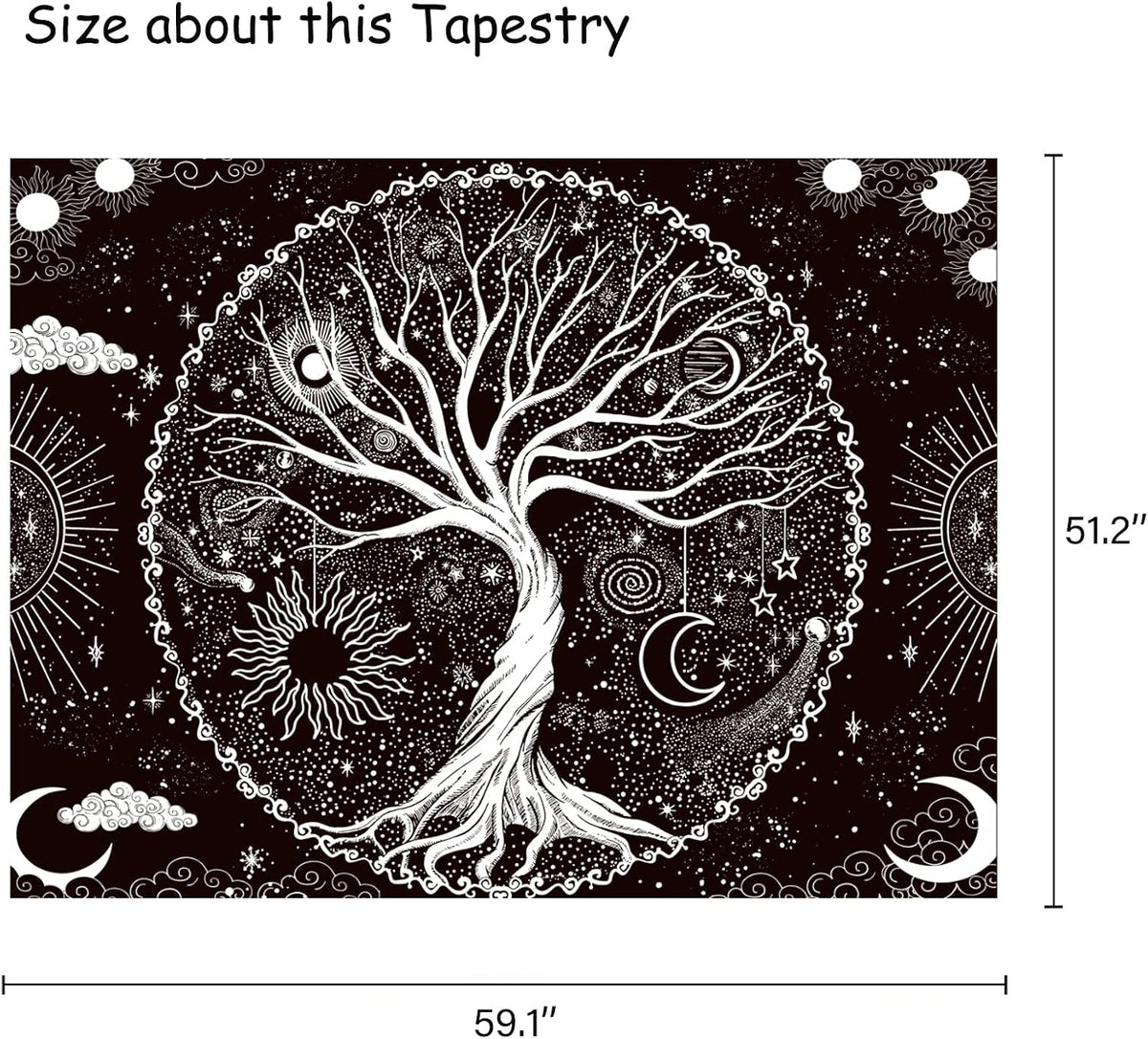 Wonrizon Tree of Life Tapestry,Black and White Galaxy Space Tapestries Aesthetic Psychedelic Wall Hanging decor for Living Room Bedroom (51.2" x 59.1")