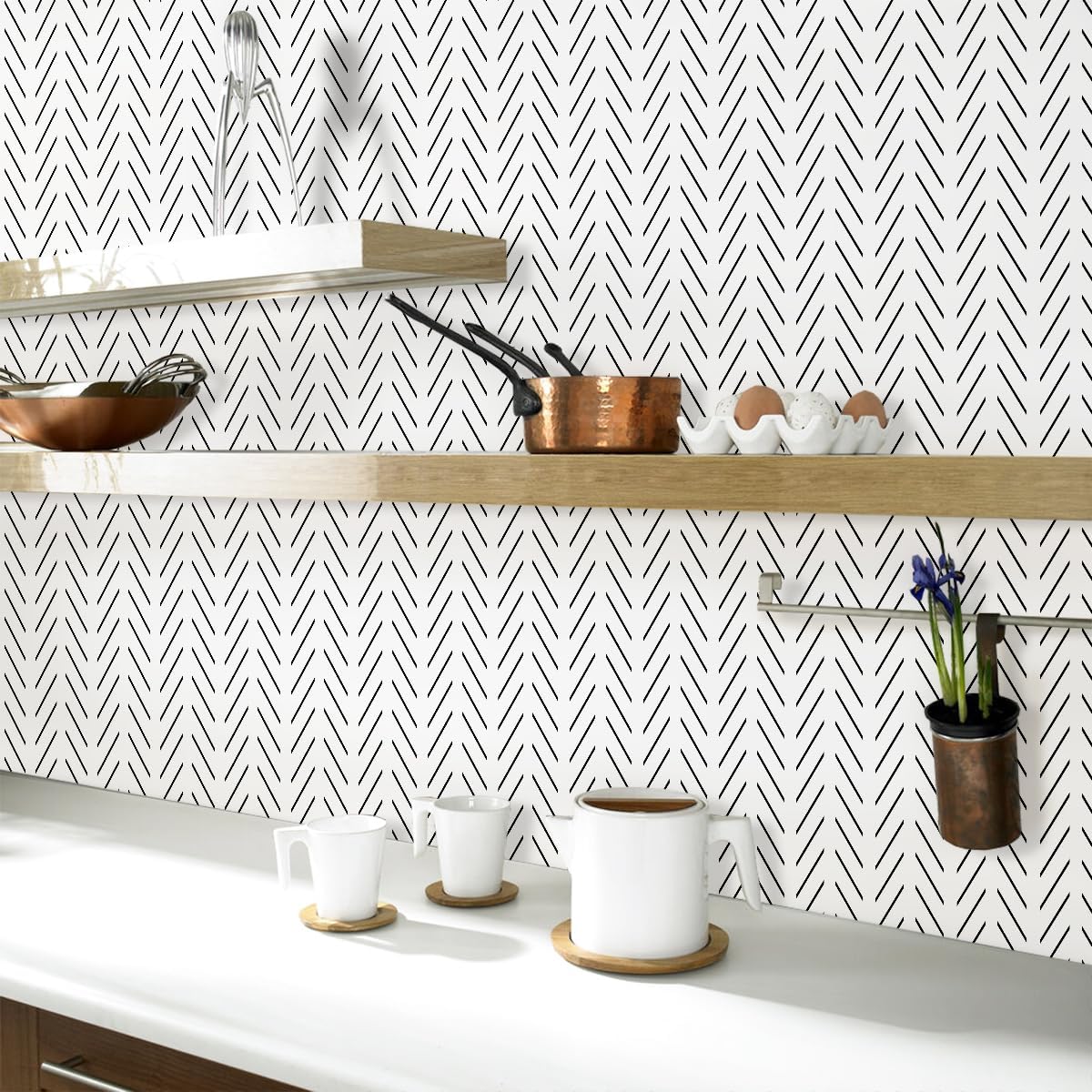 Erfoni Black and White Peel and Stick Wallpaper Herringbone Contact Paper