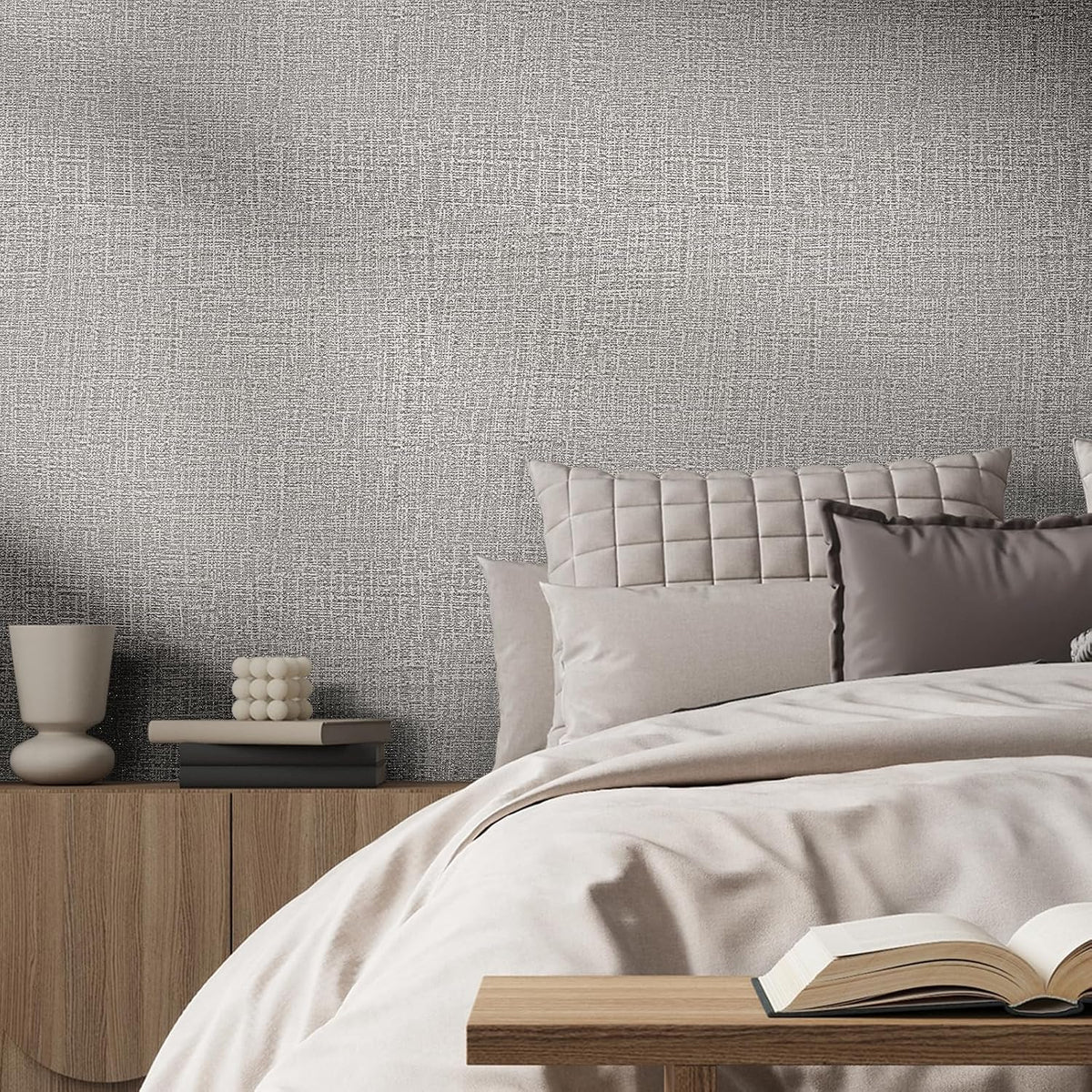WADILE Grasscloth Peel and Stick Wallpaper 15.7in x 78.7in, Textured Contact Paper for Cabinets, Faux Linen Wall Paper Pull and Stick, Fabric Vinyl Wallpaper Self Adhesive Light Gray