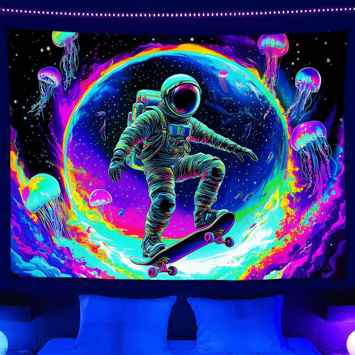 Sanzugh Funny Space Astronaut Alien Tapestry for Men Guys Bedroom, Cool Trippy Universe Planet Art Tapestries Wall Hanging College Dorm Boys Room Decor 60"X40", Psychedelic Blacklight Galaxy Poster