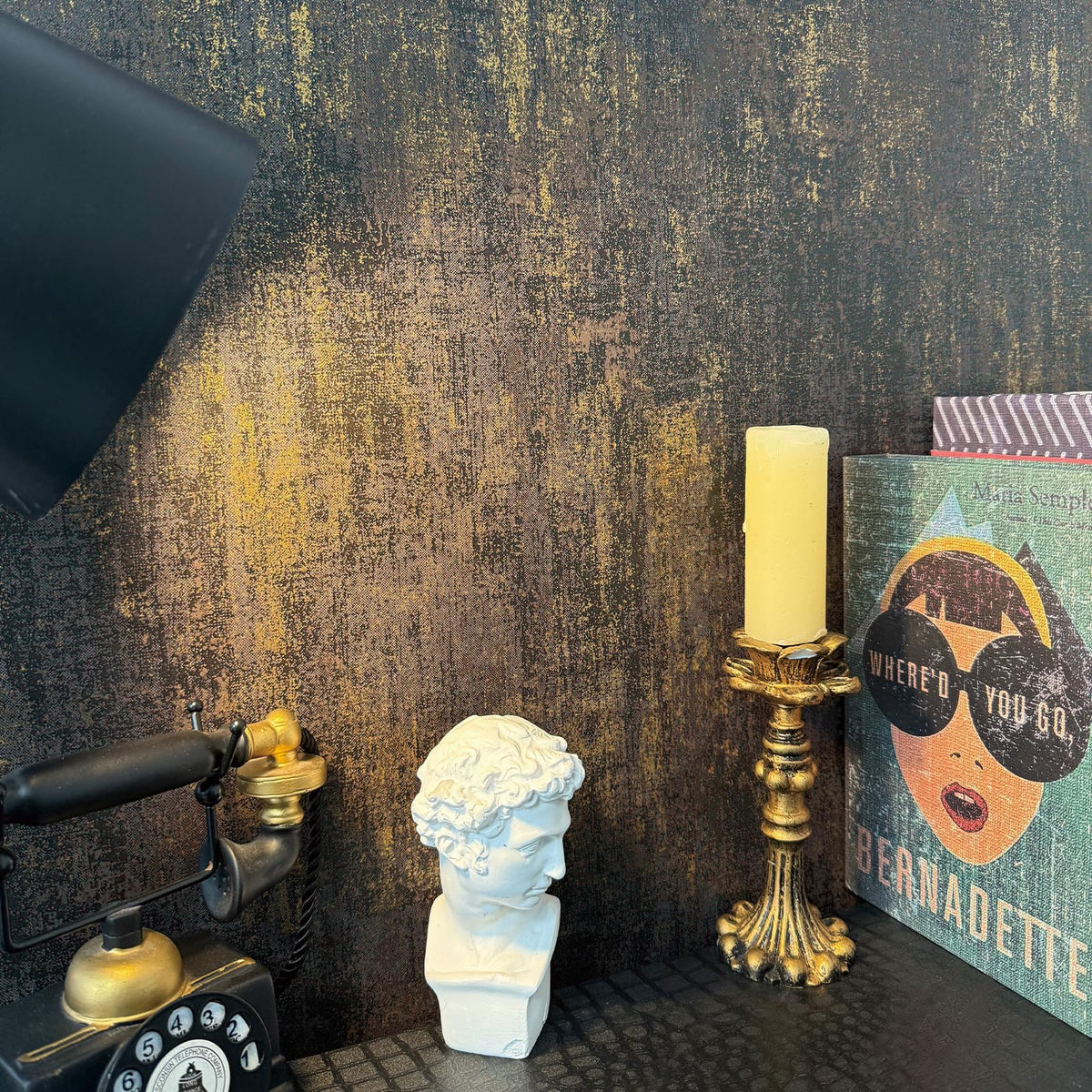 JiffDiff Vintage Metallic Peel and Stick Wallpaper Industrial Metallic Concrete Wall Paper Modern Stick on Wallpaper Self Adhesive Contact Paper(17.3" x 1200" Black Gold)