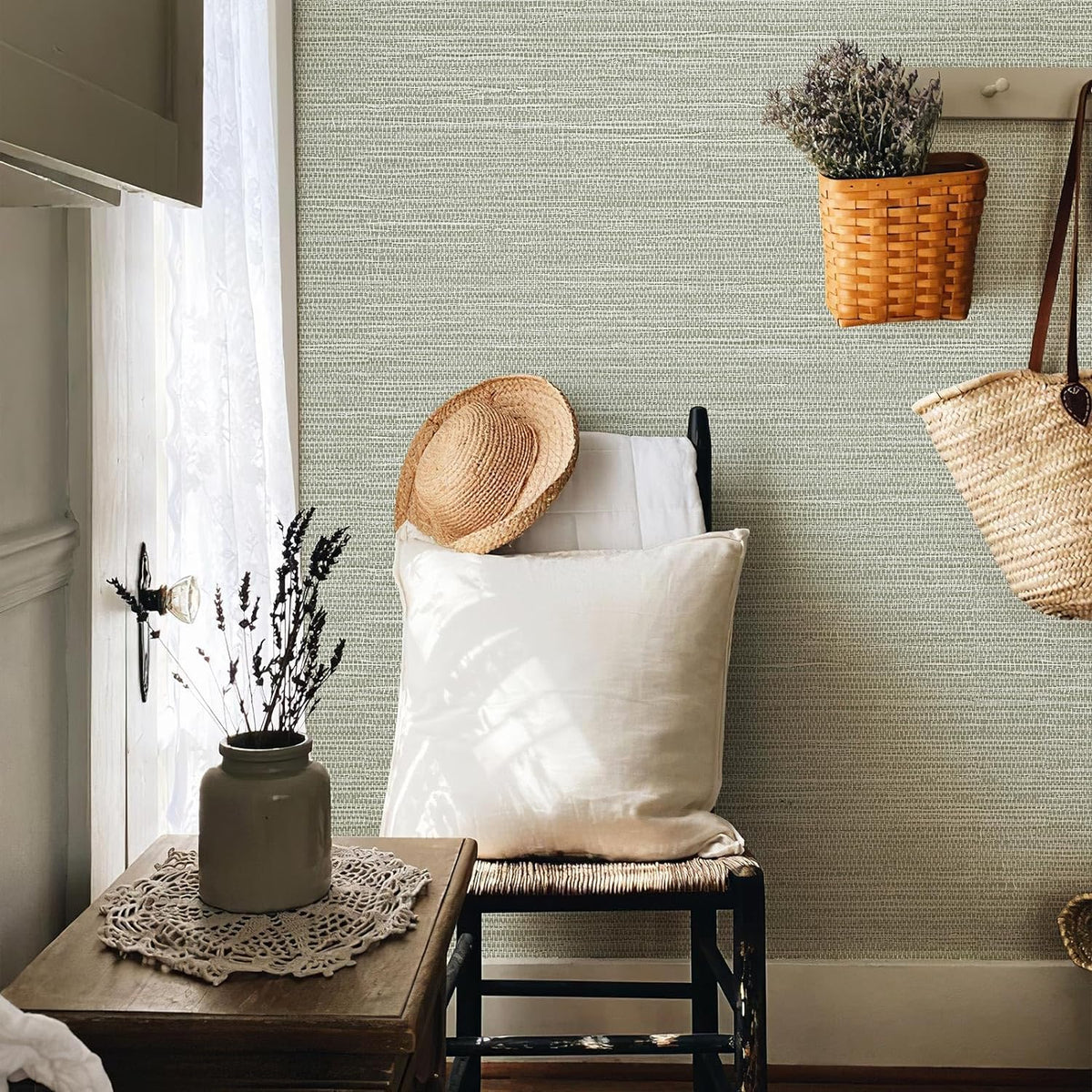 JiffDiff Grasscloth Wallpaper Peel and Stick Cream Grassweave Stick on Wallpaper Textured Self Adhesive Contact Paper 17.3"x118"