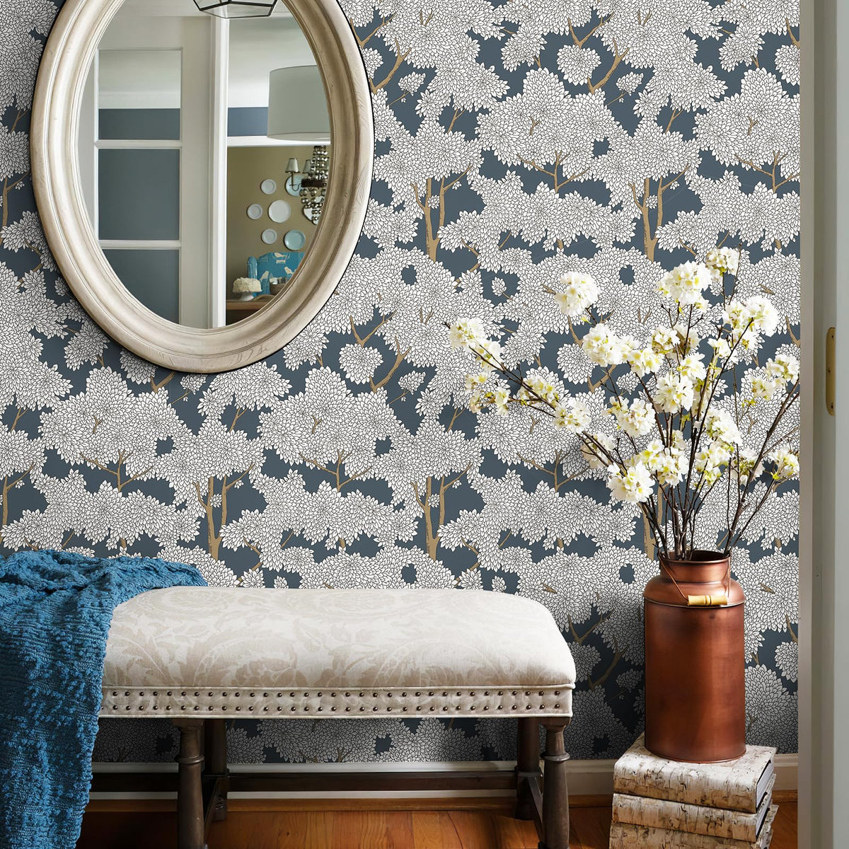 JiffDiff Tree Wallpaper Peel and Stick Jungle Wall Paper Forest Mural Stick on Wallpaper Modern Waterproof Self Adhesive Contact Paper (17.3" x 120" Cream)
