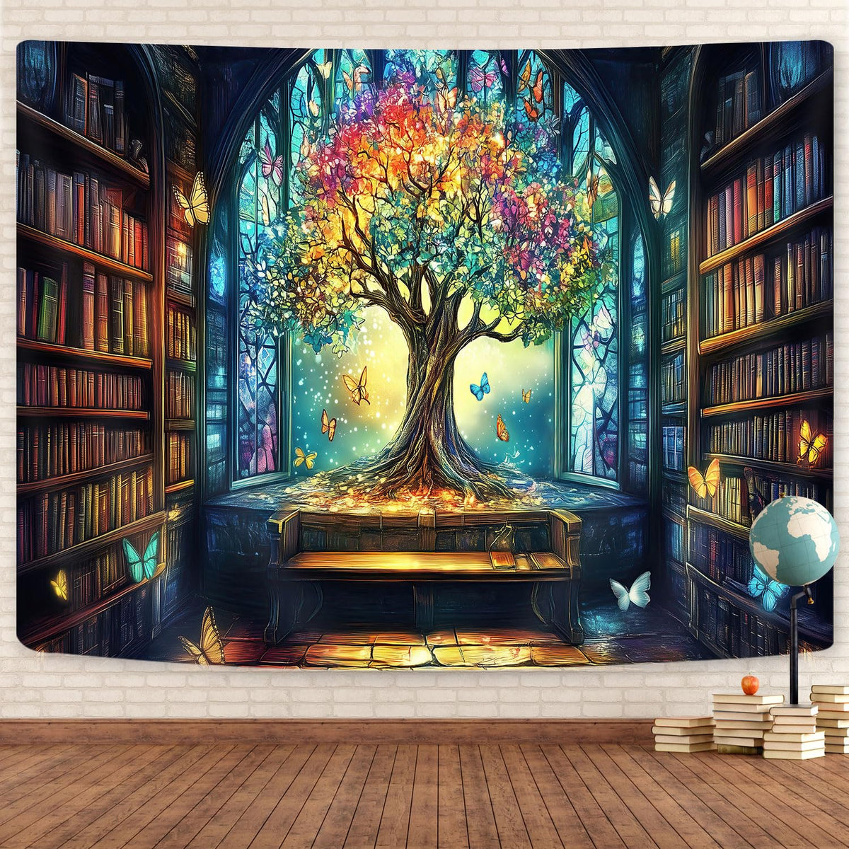GOAOK Fantasy Library Tapestry For Classroom, Mysterious Tree Magic Bookshelf Aesthetic Tapestries, Witchy Fairytale Tree Vintage Bookshelf Book Art Tapestry Wall Hanging College Room Bedroom, 60"X40"
