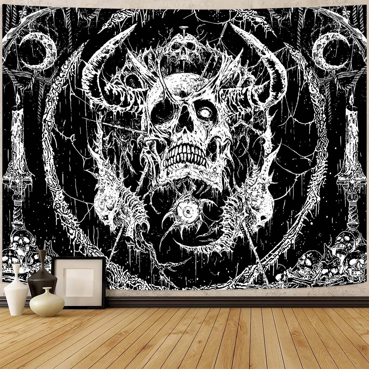 Lifeella Skull Tapestry, Gothic Horror Moon Skeleton Mystic Dark Tapestries for Bedroom Grunge Wall Hanging Black and White 36 x 48 inch