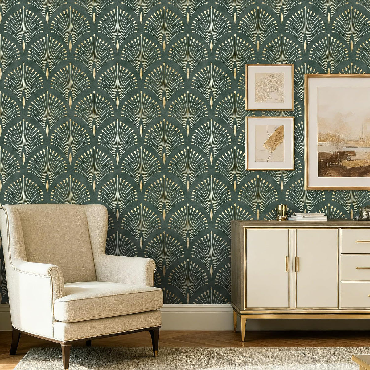 17.5x393 Art Deco Peel and Stick Wallpaper Geometric Dark Green and Gold Wallpaper for Bathroom Living Room Accent Wall Cover Waterproof Classy Vinyl Contact Paper for Cabinets Shelf Liner