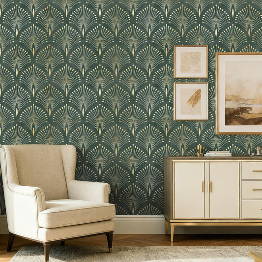 17.5x393 Art Deco Peel and Stick Wallpaper Geometric Dark Green and Gold Wallpaper for Bathroom Living Room Accent Wall Cover Waterproof Classy Vinyl Contact Paper for Cabinets Shelf Liner