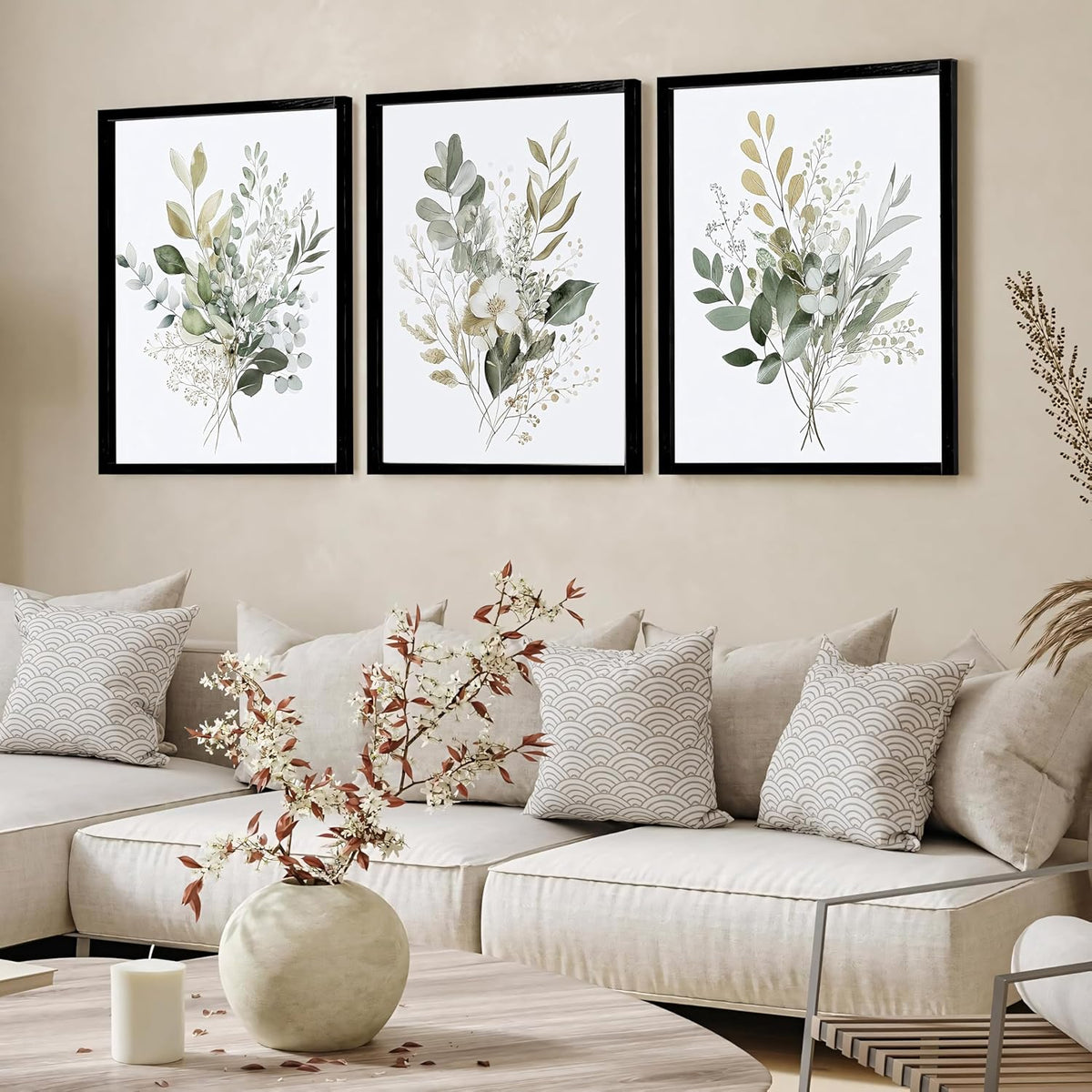 tgguytiy Sage Green Botanical Wall Art Set of 3, Eucalyptus Leaf Boho Plant Posters for Bedroom Living Room Bathroom Decor, 12x16 Inch Unframed Prints