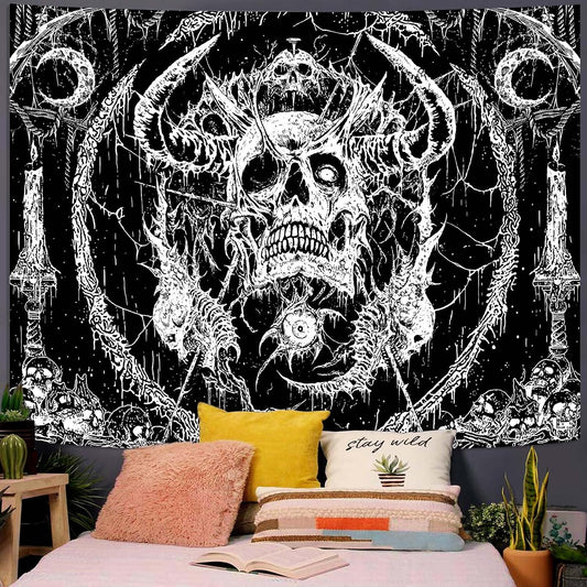 Lifeella Skull Tapestry, Gothic Horror Moon Skeleton Mystic Dark Tapestries for Bedroom Grunge Wall Hanging Black and White 36 x 48 inch