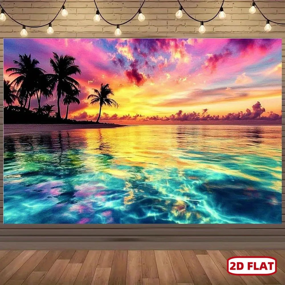 1pc 2D Flat Wall-Hang Synthetic Polyester Tapestry - Vibrant Palm Tree Ocean Art, Tropical Beach Sunset Print, Room Decor, Happy Birthday Ceremony Backdrop, Beachy Room Upgrade, No Electricity Needed, Multiple Options Available
