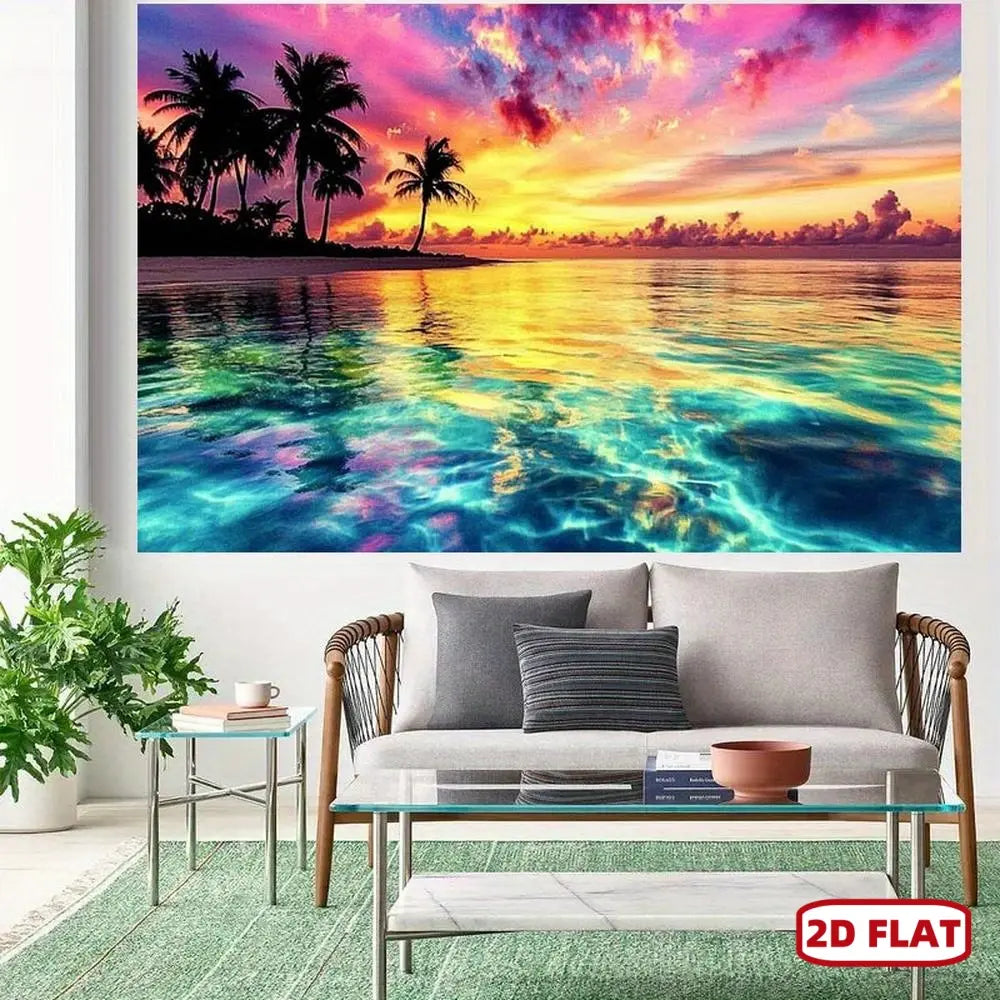 1pc 2D Flat Wall-Hang Synthetic Polyester Tapestry - Vibrant Palm Tree Ocean Art, Tropical Beach Sunset Print, Room Decor, Happy Birthday Ceremony Backdrop, Beachy Room Upgrade, No Electricity Needed, Multiple Options Available