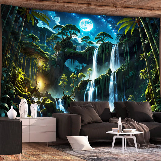 1pc Extra Large Tranquil Forest Waterfall Moon Landscape Photo Tapestry, Polyester Aesthetic HD Print Wall Hanging, Living Room Bedroom Office Home Party Decor, No Installation Needed, Bedroom Decoration | Moonlit Waterfall Scene | Plush Texture