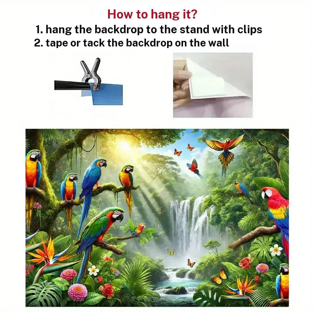 High-Quality Polyester Tropical Rainforest Bird Gathering Tapestry Wall Mural, Durable Decorative Flower Pattern Wall Hanging Tapestry with Waterfall, Lush Foliage for Studio Props, Party Decor Hanging