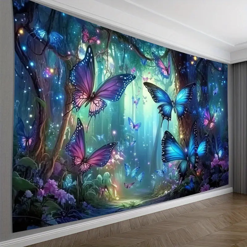 Butterfly Forest Tapestry Wall Hanging - Magical Blue, Purple, Pink, Green Butterflies, Glowing Forest Pathway, Lightweight Polyester Fabric - Living Room, Bedroom Decor, Halloween Decoration, Housewarming Gift