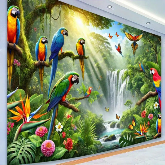 High-Quality Polyester Tropical Rainforest Bird Gathering Tapestry Wall Mural, Durable Decorative Flower Pattern Wall Hanging Tapestry with Waterfall, Lush Foliage for Studio Props, Party Decor Hanging