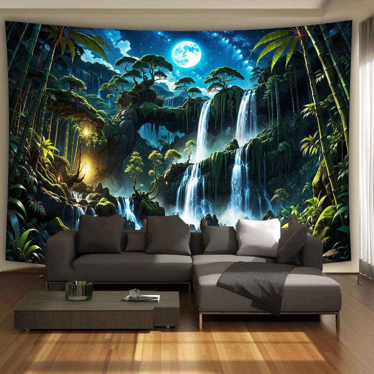 1pc Extra Large Tranquil Forest Waterfall Moon Landscape Photo Tapestry, Polyester Aesthetic HD Print Wall Hanging, Living Room Bedroom Office Home Party Decor, No Installation Needed, Bedroom Decoration |     Moonlit Waterfall Scene |     Plush Texture