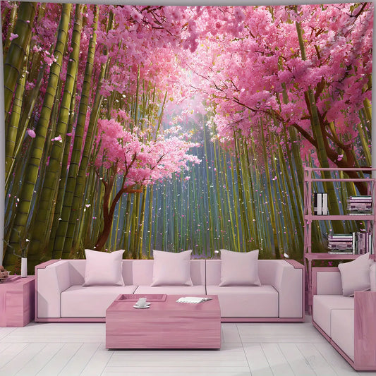 1pc- Ultra Large Size- Enchanting Bamboo Forest Cherry Blossoms Landscape Photo Huge Digital Printing Tapestry, Aesthetic High-Definition Printing Polyester- for Living Room Bedroom Party Decoration- with Free Hanging Clips Wall Decoration