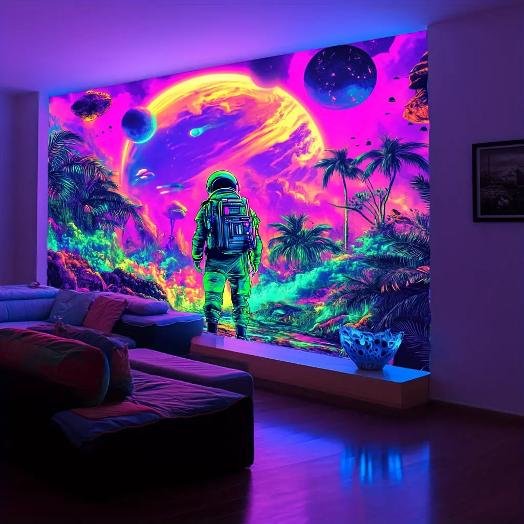 Interstellar Astronaut Tapestry - UV Reactive Polyester Party Backdrop, Glow in the Dark Space Adventure Wall Hanging, Summer Holiday Decor, No Electricity Needed