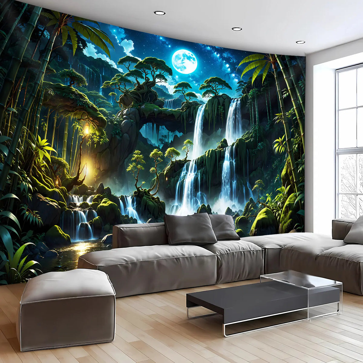 1pc Extra Large Tranquil Forest Waterfall Moon Landscape Photo Tapestry, Polyester Aesthetic HD Print Wall Hanging, Living Room Bedroom Office Home Party Decor, No Installation Needed, Bedroom Decoration |     Moonlit Waterfall Scene |     Plush Texture
