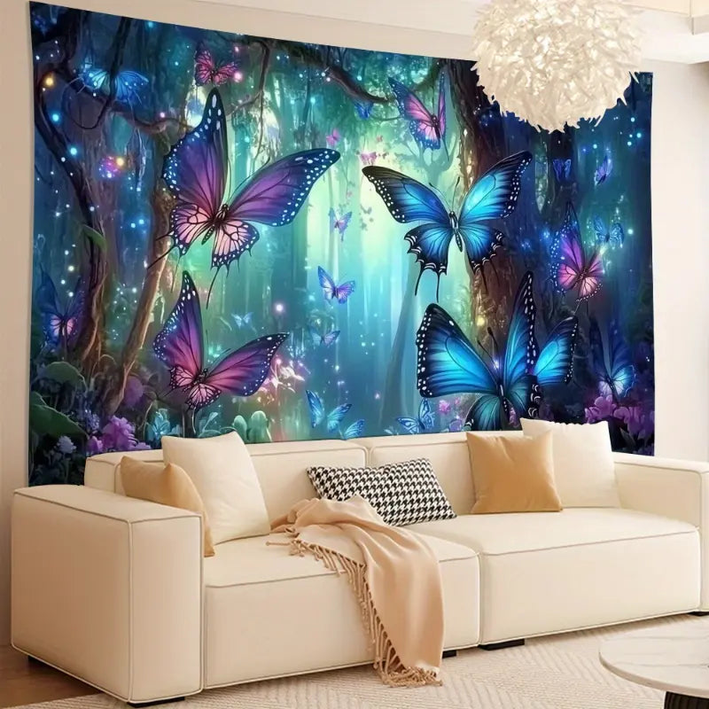 Butterfly Forest Tapestry Wall Hanging - Magical Blue, Purple, Pink, Green Butterflies, Glowing Forest Pathway, Lightweight Polyester Fabric - Living Room, Bedroom Decor, Halloween Decoration, Housewarming Gift