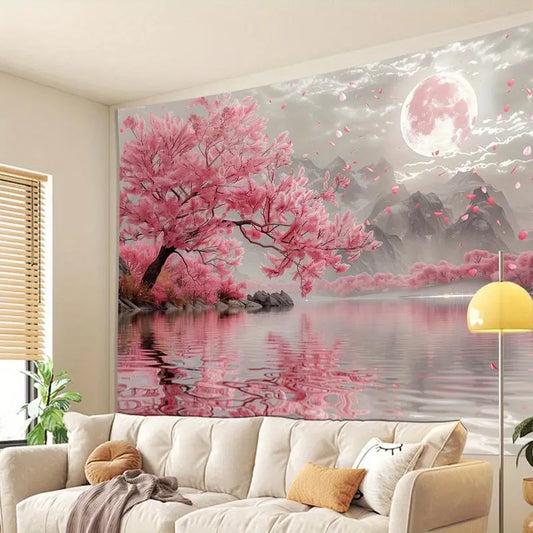 Colorful Synthetic Digital Print Pink Cherry Blossom Tree Lake View Tapestry - 60x40in Polyester Wall Hanging, Holiday Room Decor, Realistic Art Backdrop, Ideal for Living Room & Party, Gift-Worthy Accessory