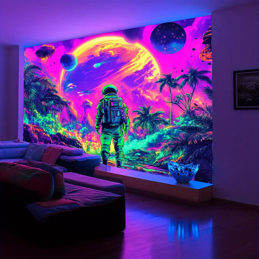 Interstellar Astronaut Tapestry - UV Reactive Polyester Party Backdrop, Glow in the Dark Space Adventure Wall Hanging, Summer Holiday Decor, No Electricity Needed