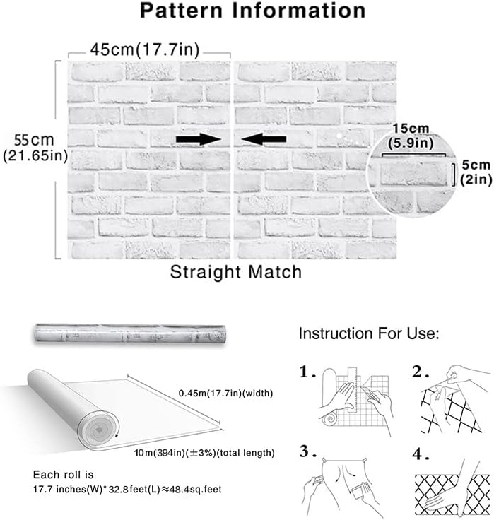 Cohoo Home White Brick Wallpaper Peel and Stick Contact Paper Faux 393”×18”