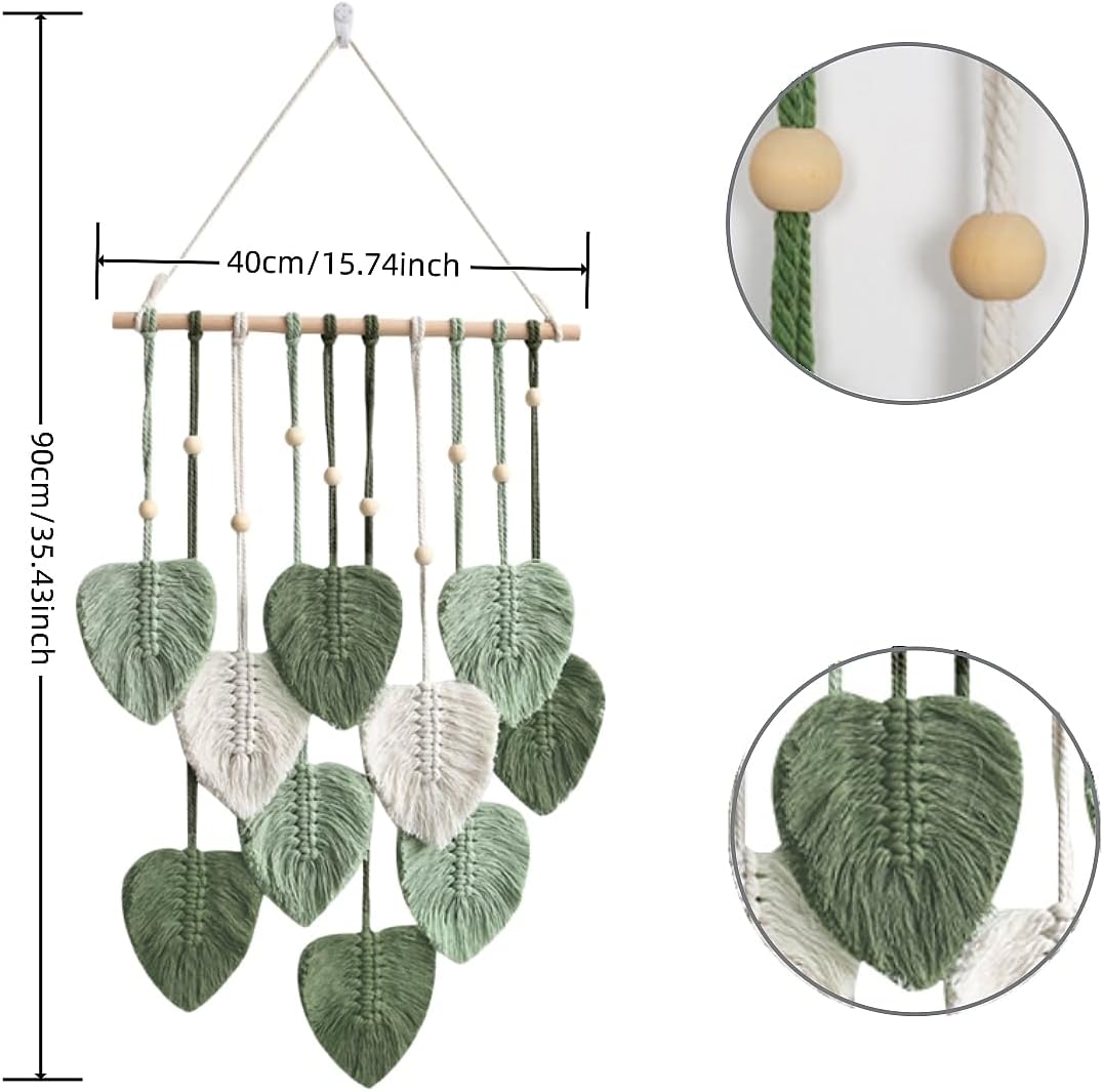 Avoik Macrame Wall Hanging Boho Woven Tapestry Handmade Home Wall Decor Bohemian Leaf Modern Chic Wall Art Green Feather Decorations for Living Room Bedroom Apartment Nursery Farmhouse Backdrop