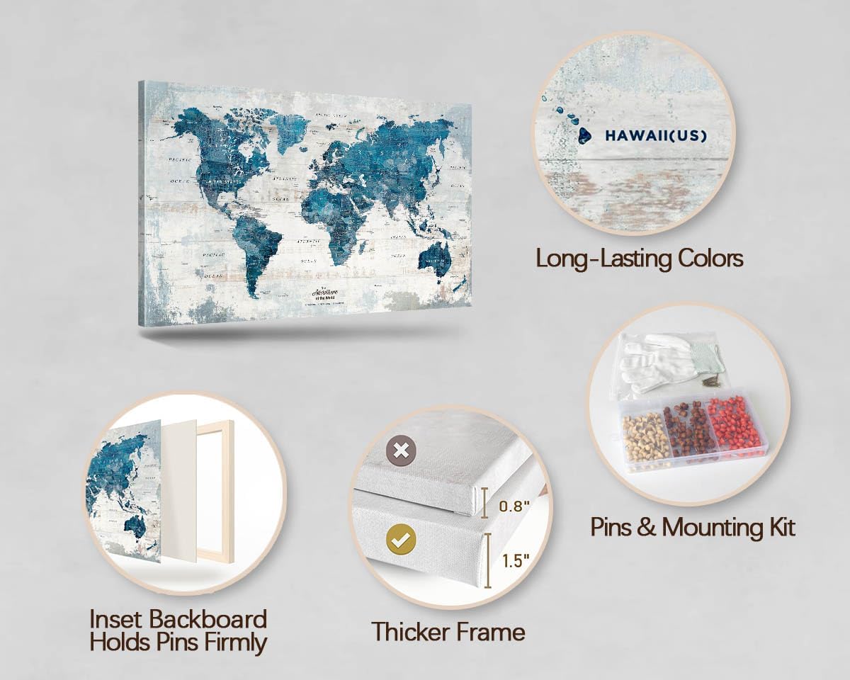 Office Artwork Map of the World Push Pin Board Travel Map Blue Pictures