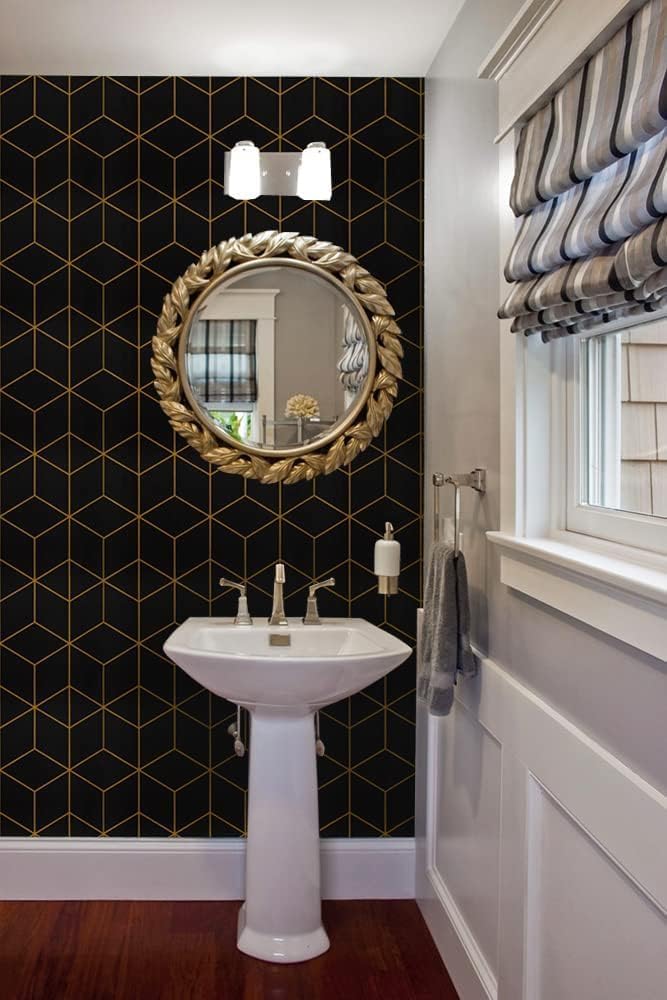 Safiyya 118" x 17.3" Gold and Black Wallpaper Geometric Contact Paper Peel and Stick Wallpaper Removable Self Adhesive Contact Paper for Cabinets and Walls Vinyl Rolls