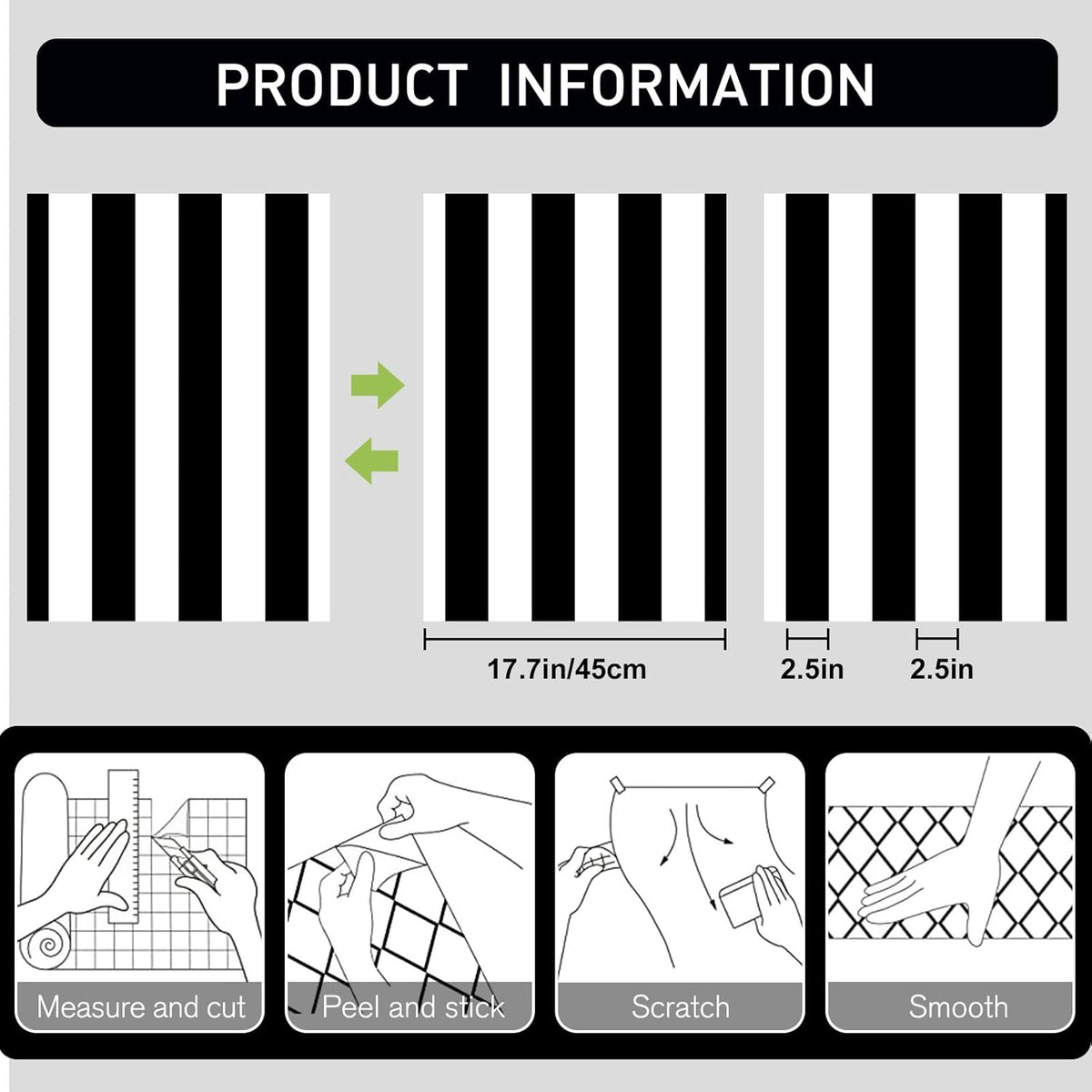 17.3”x120” Black and White Striped Wallpaper Peel and Stick Wallpaper Self-Adhesive Removable Waterproof Wall Paper for Walls Modern Vinyl Film