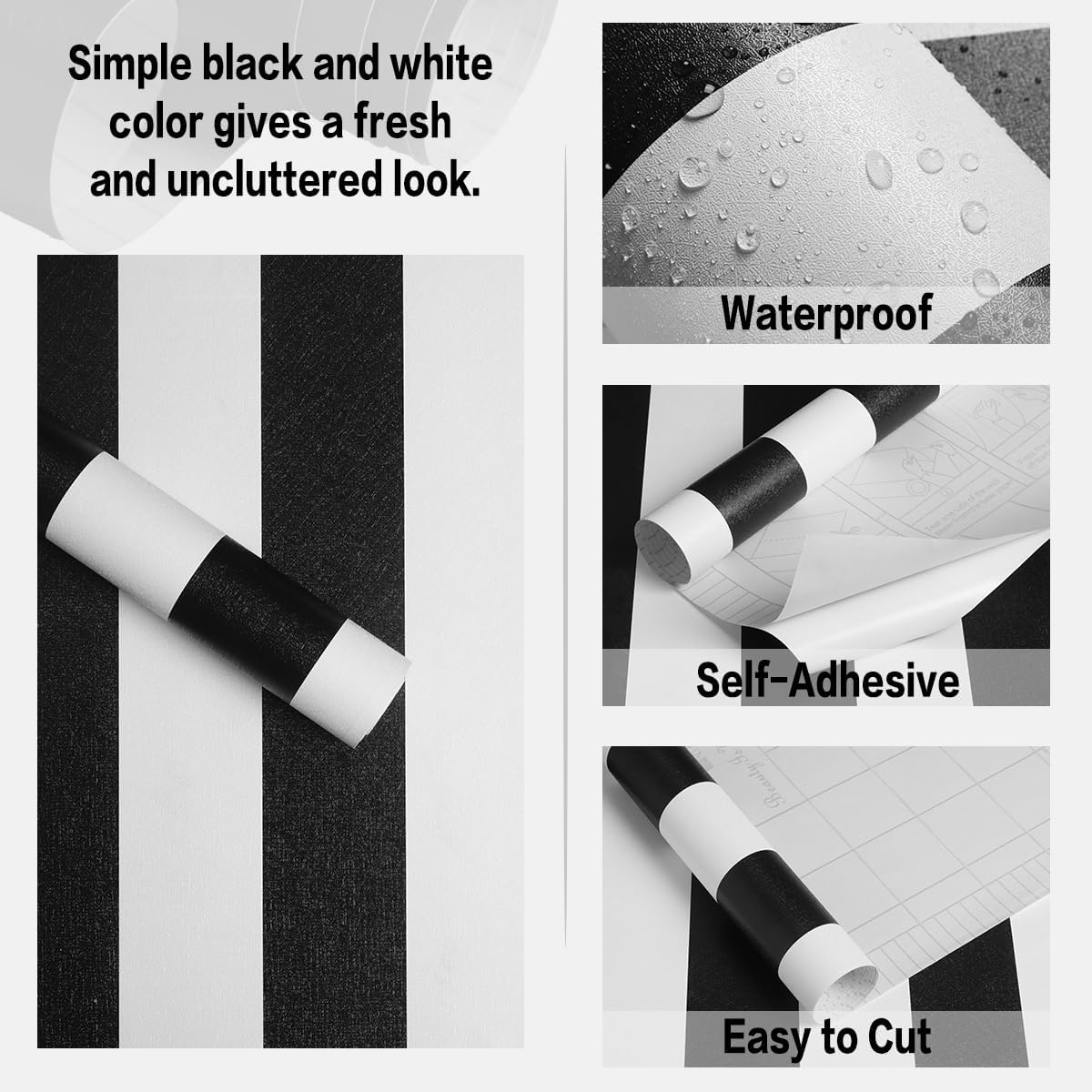 Jeweluck Black and White Striped Wallpaper Peel and Stick Wallpaper Vinyl