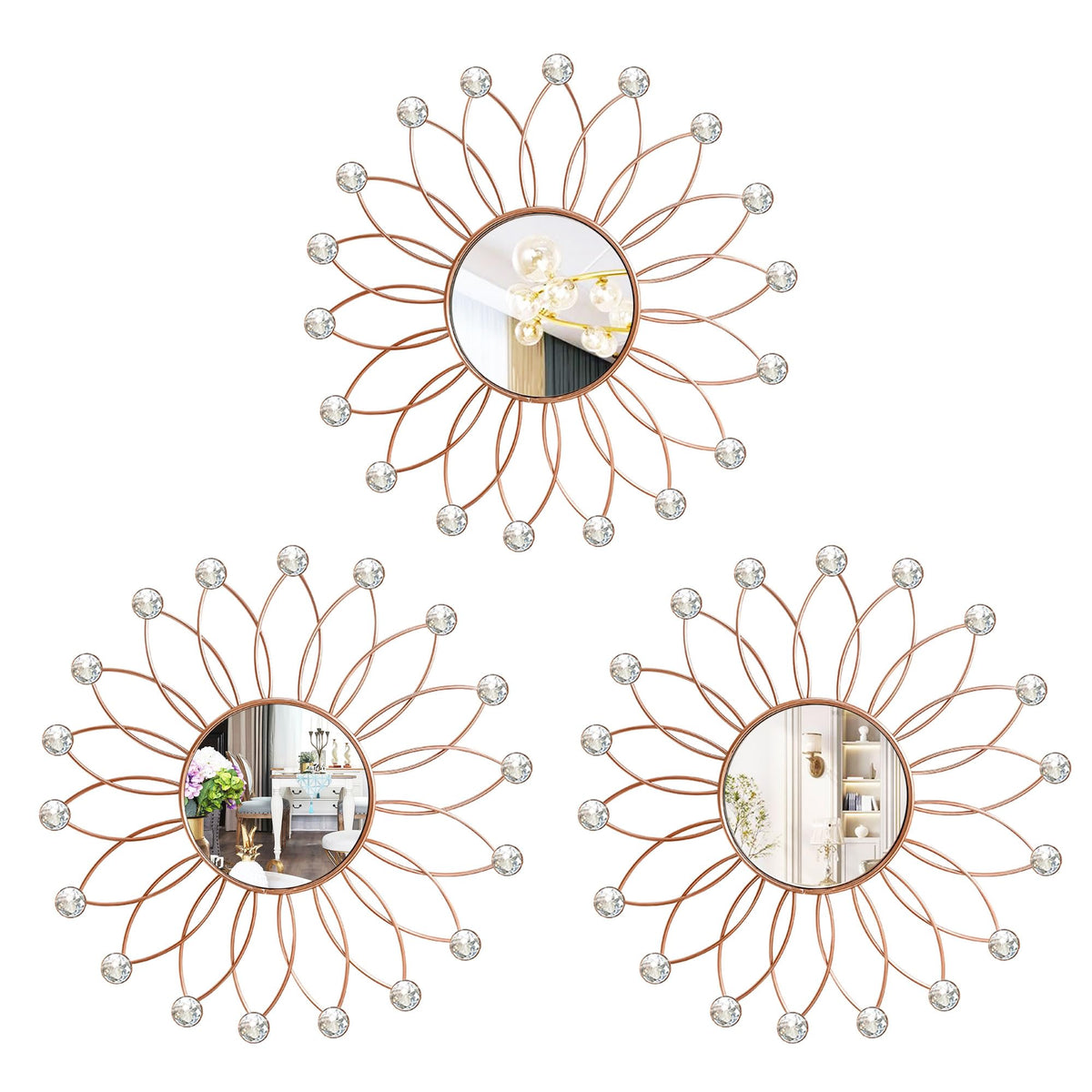 3 Pack Metal Mirrors for Wall Sunburst Wall Mirrors Home Décor Decorative Hanging Wall Art for Living Room Bedroom Entryway (Gold, Flower+Sunburst)