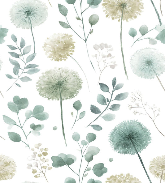 Modern Sage Green Dandelion Peel and Stick Wallpaper 17.7"x78.7"
