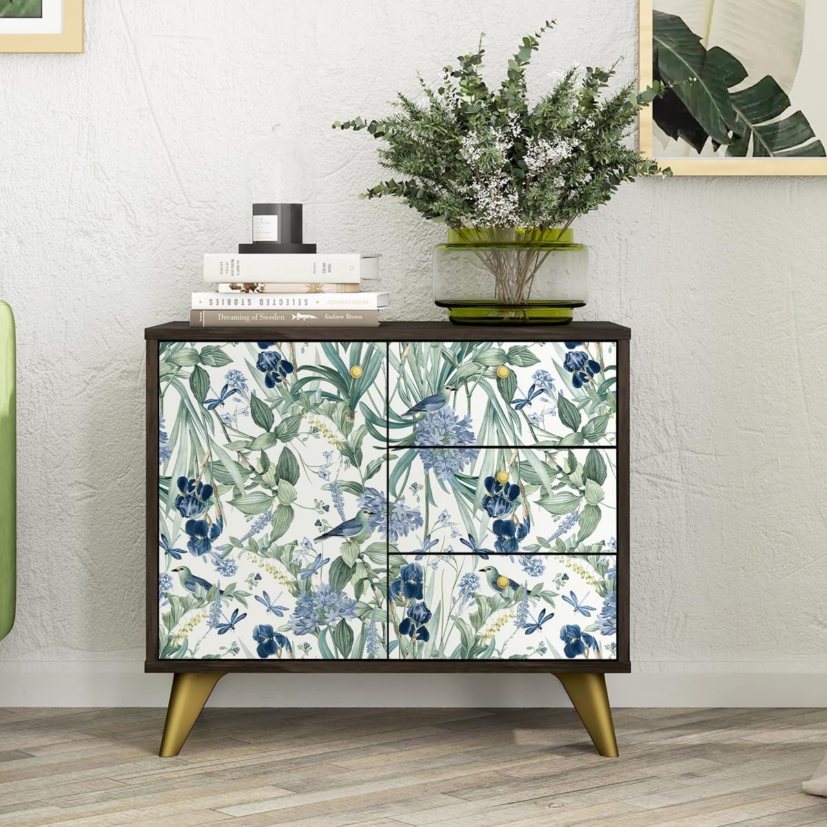 Floral Wallpaper Peel and Stick Flower Bird Blue Vinyl 17in x 118in