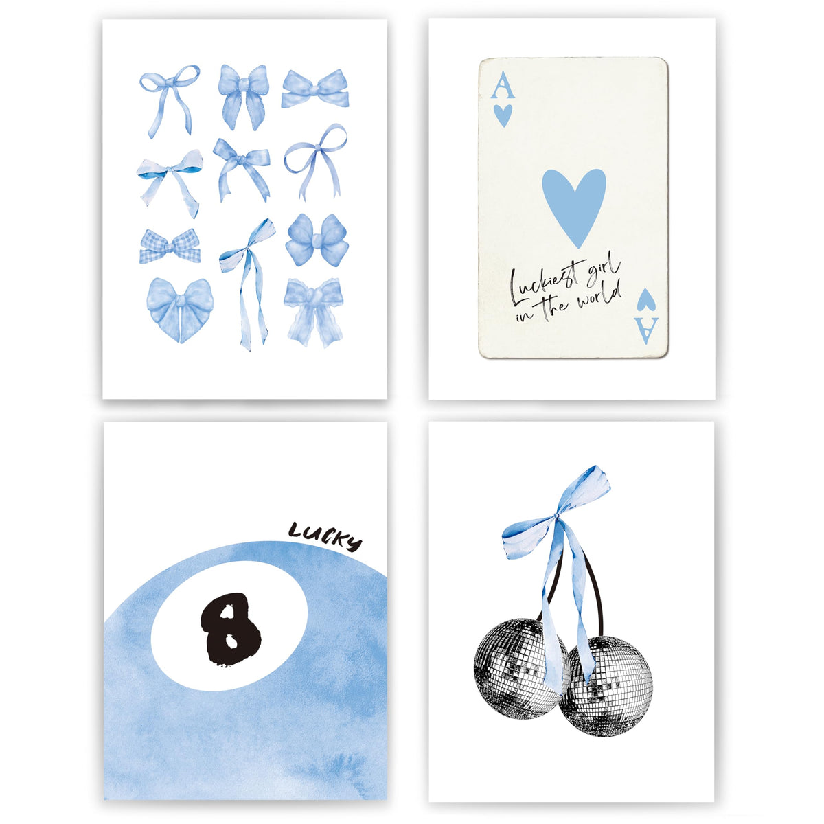 okaxscm Light Blue Coquette Trendy Preppy Wall Art Prints Set of 4,Coquette Preppy Room Decor,Blue Bow Disco 8 Ball Cherry Wall Decor Posters for Girls Bedroom Dorm,12x16 Unframed
