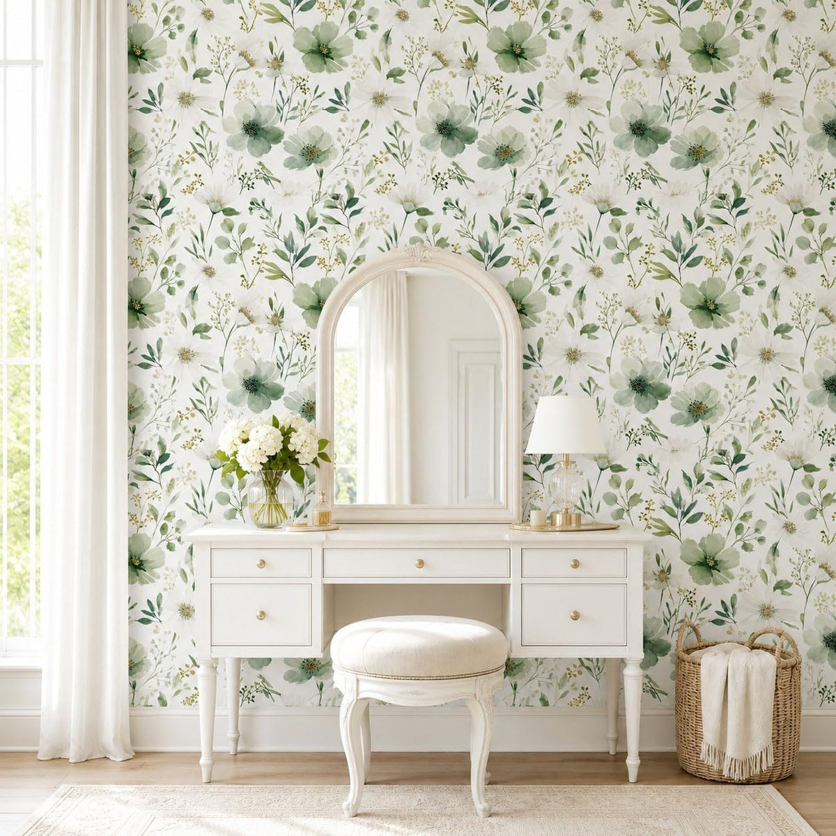 Sage Green Floral Peel and Stick Wallpaper 17.7" x 118"