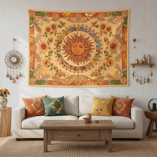 Accnicc Yellow Sun and Moon Tapestry Vintage Indie Boho Tapestry Wall Hanging with Sunflowers Butterfly Moth Constellation Aesthetic Wall Tapestries for Bedroom Dorm Living Room (Orange, 48'' × 36'')