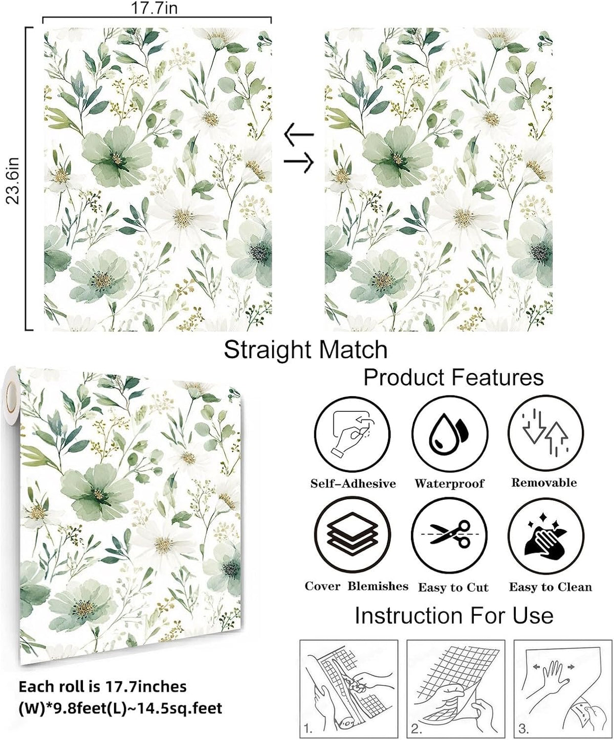 Sage Green Floral Peel and Stick Wallpaper 17.7" x 118"
