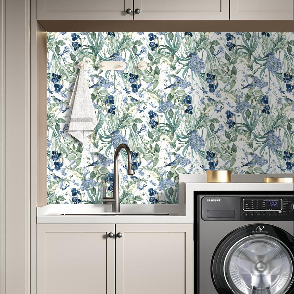 Floral Wallpaper Peel and Stick Flower Bird Blue Vinyl 17in x 118in