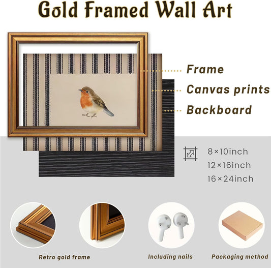 Vintage Gold Framed Bird Wall Art for Cottagecore Decor, Robin Illustration Canvas Prints, Striped Nature Artwork, Animal Oil Printings Pictures Wall Decor for Kids Room Bedroom 8x10 Inch