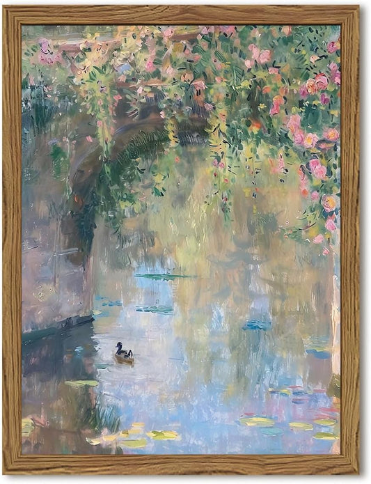 Framed Vintage Monet Canvas Wall Art, Floral Landscape Wall Decor Paintings, Country Nature Pictures Prints Aesthetic Home Decor for Living Room Bedroom Bathroom 12x16 inch