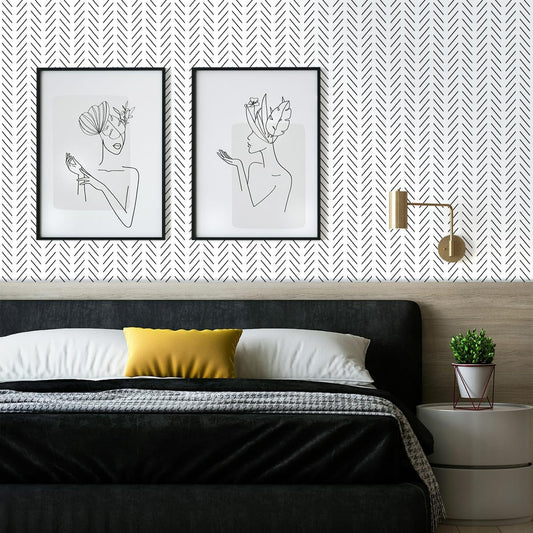 Erfoni Black and White Peel and Stick Wallpaper Herringbone Contact Paper