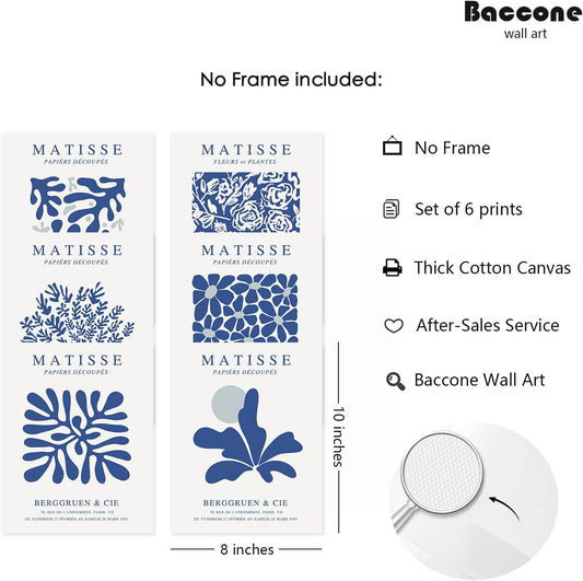 Blue Matisse Wall Art Prints Set of 6 Abstract Aesthetic Canvas Decor Trendy Henri Matisse Wall Art Poster Navy Blue Artwork Flower Market Minimalist Pictures for Room Bedroom 8x10 Inch Unframed