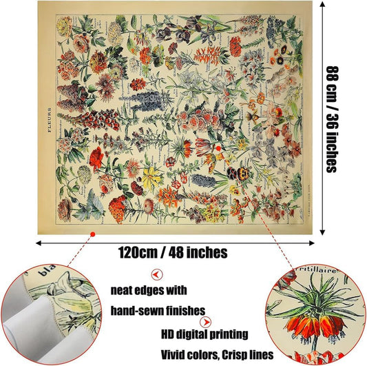 Vintage Flowers Tapestry 48”x36”, Long Vertical Wall Hanging Reference Illustrative Botanical Tapestries for Bedroom Aesthetic Floral Tapistry Botanical Plants Tapestry Wall Hanging Cute Bedroom Decor