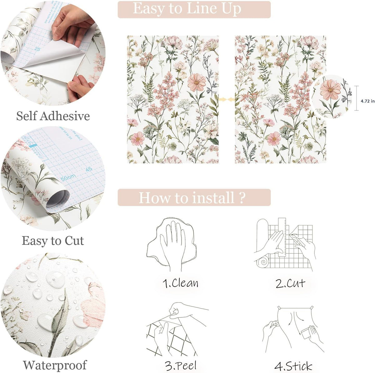 Orainege Pink Floral Peel and Stick Wallpaper Self Adhesive Wallpaper