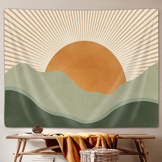 JAWO Sage Green Tapestry, Abstract Mountain Golden Sun Nature Boho Tapestry Wall Hanging for Bedroom, Modern Landscape Minimalist Tapestries Poster Blanket College Dorm Home Decor 60X40Inches