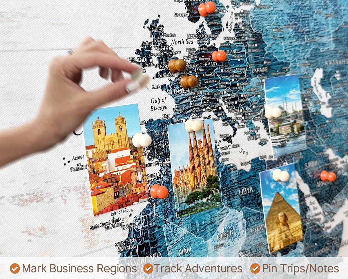 Office Artwork Map of the World Push Pin Board Travel Map Blue Pictures